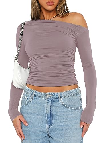 Darong Damen Casual Langarm U-Boot-Ausschnitt Schulterfrei Slim Fit Crop Top Ausgehen Blusen Y2K Enge Shirts, Helles Pink, Klein von Darong