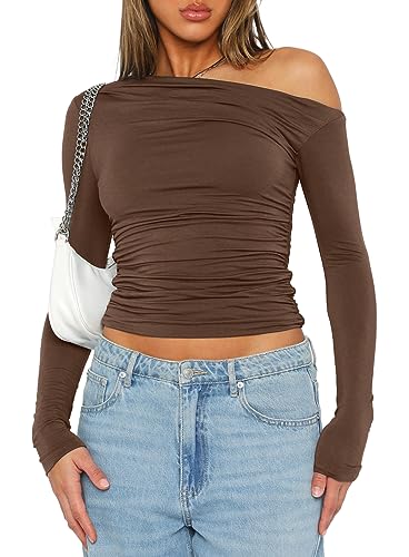 Darong Damen Casual Langarm U-Boot-Ausschnitt Schulterfrei Slim Fit Crop Top Ausgehen Blusen Y2K Enge Shirts, Kaffee, Groß von Darong