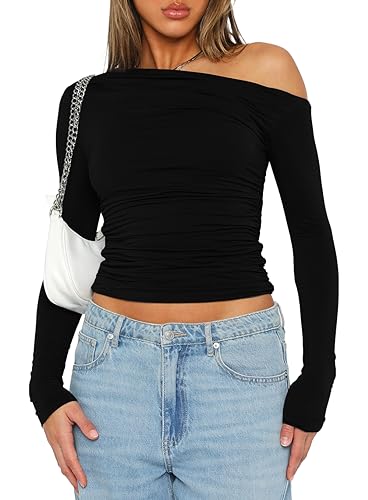 Darong Damen Casual Langarm U-Boot-Ausschnitt Schulterfrei Slim Fit Crop Top Ausgehen Blusen Y2K Enge Shirts, Schwarz, Mittel von Darong