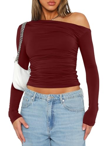 Darong Damen Casual Langarm U-Boot-Ausschnitt Schulterfrei Slim Fit Crop Top Ausgehen Blusen Y2K Enge Shirts, Weinrot, Mittel von Darong