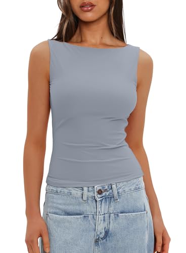 Darong Damen High Neck Tank Top Ärmellos Doppelt Gefüttert Basic Tops Ausgehen Casual Tank Shirts, Hell, blau, Mittel von Darong