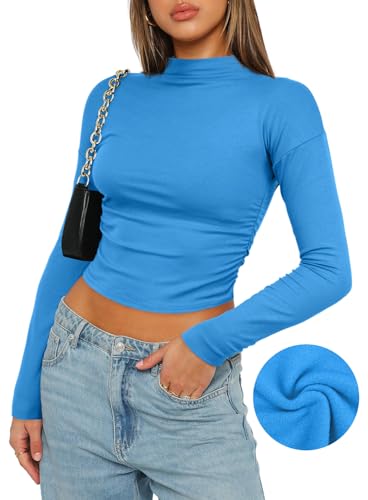 Darong Damen Langarm Mock Neck Slim Fit Crop Top Gerippt Kint Y2K Casual T-Shirt Tops, Blau (Fleece), Mittel von Darong