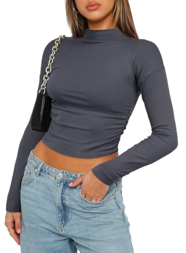 Darong Damen Langarm Mock Neck Slim Fit Crop Top Gerippt Kint Y2K Casual T-Shirt Tops, Grau (Fleece), Klein von Darong