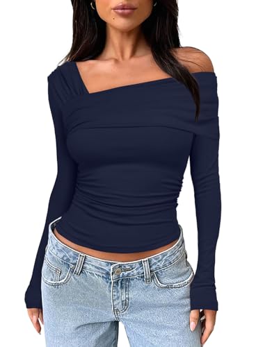 Darong Damen One Off Shoulder Langarm Top Ruched Going Out Tops Slim Fit Y2K Shirt Crop Top, Dunkelblau, X-Klein von Darong