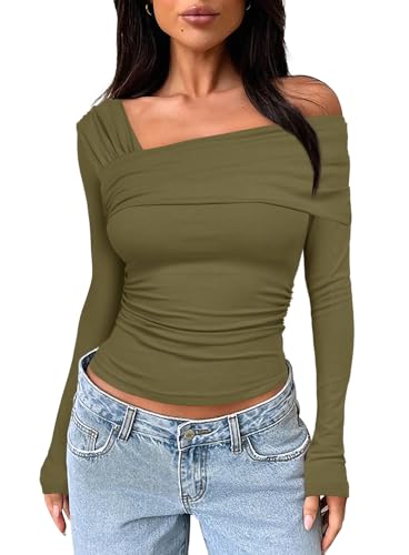 Darong Damen One Off Shoulder Langarm Top Ruched Going Out Tops Slim Fit Y2K Shirt Crop Top, Grün (Army Green), X-Klein von Darong