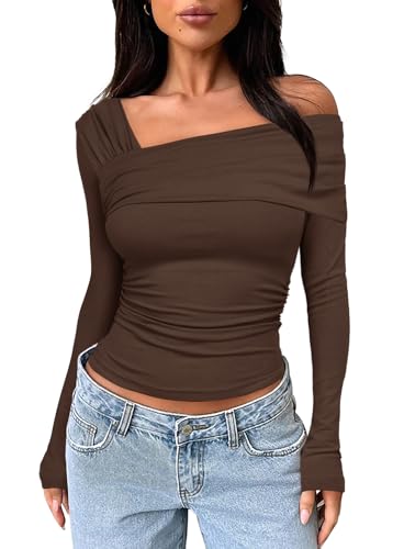 Darong Damen One Off Shoulder Langarm Top Ruched Going Out Tops Slim Fit Y2K Shirt Crop Top, Kaffee, Groß von Darong