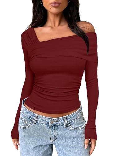 Darong Damen One Off Shoulder Langarm Top Ruched Going Out Tops Slim Fit Y2K Shirt Crop Top, Weinrot, Groß von Darong