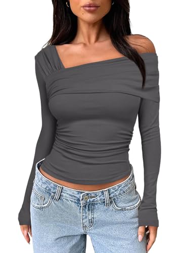 Darong Damen One Off Shoulder Tops Lange Ärmel Bluse Ausgehen Tops Y2K Shirt Slim Fit Geraffte Crop Top, GRAU, Klein von Darong