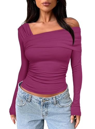 Darong Damen One Off Shoulder Tops Lange Ärmel Bluse Ausgehen Tops Y2K Shirt Slim Fit Geraffte Crop Top, Knallpink (Hot Pink), Mittel von Darong