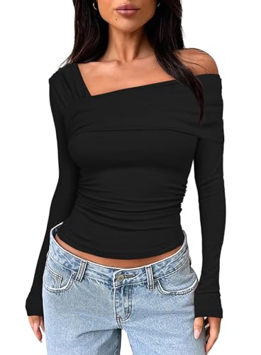 Darong Damen One Off Shoulder Tops Lange Ärmel Bluse Ausgehen Tops Y2K Shirt Slim Fit Geraffte Crop Top, Schwarz, Mittel von Darong