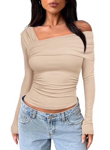 Darong Damen One Off Shoulder Tops Lange Ärmel Bluse Ausgehen Tops Y2K Shirt Slim Fit Geraffte Crop Top, aprikose, Groß von Darong