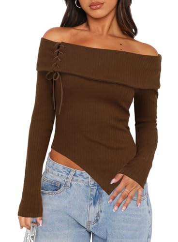 Darong Damen Schulterfrei Pullover Tops Langarm Rippstrick Asymmetrisch Slim Fit Pullover Sweater, Kaffee, Klein von Darong