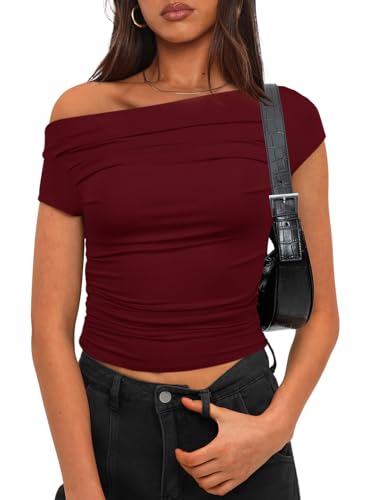 Darong Damen Sommer Flügelärmel U-Boot-Ausschnitt Schulterfrei Top Ausgehen Slim Fit Tops Y2K Enge Shirts, Weinrot, Groß von Darong