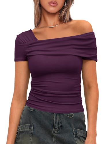 Darong Damen Sommer Kurzarm One Off The Shoulder Top Geraffte Ausgehen Tops Slim Fit Y2K Shirt, Dunkles Violett, Groß von Darong