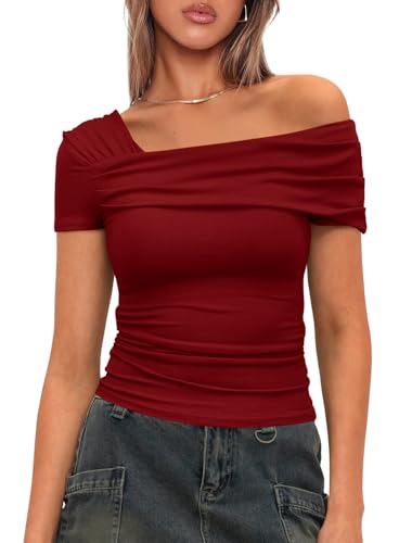 Darong Damen Sommer Kurzarm One Off The Shoulder Top Geraffte Ausgehen Tops Slim Fit Y2K Shirt, Rot/Ausflug, einfarbig (Getaway Solids), Groß von Darong