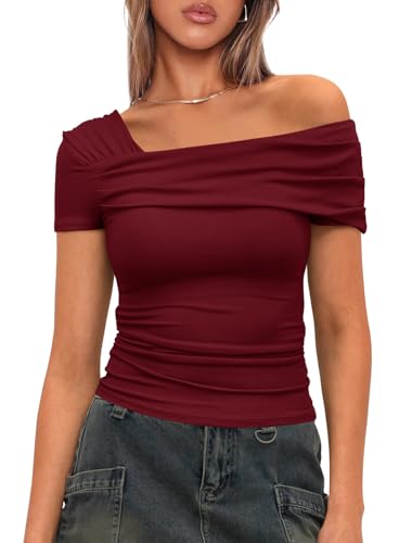 Darong Damen Sommer Kurzarm One Off The Shoulder Top Geraffte Ausgehen Tops Slim Fit Y2K Shirt, Weinrot, X-Klein von Darong