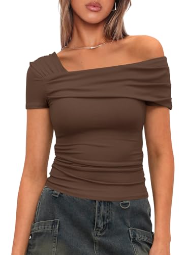 Darong Damen Sommer One Off Shoulder Kurzarm Top Geraffte Ausgehen Tops Slim Fit Y2K Shirt, Kaffee, Mittel von Darong