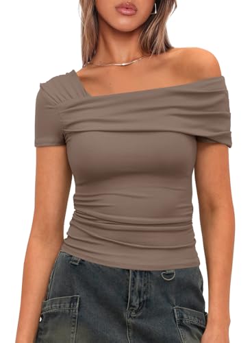 Darong Damen Sommer One Off Shoulder Kurzarm Top Geraffte Ausgehen Tops Slim Fit Y2K Shirt, Khaki, X-Groß von Darong