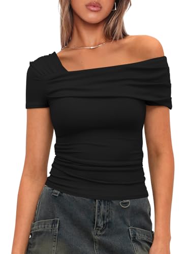 Darong Damen Sommer One Off Shoulder Kurzarm Top Geraffte Ausgehen Tops Slim Fit Y2K Shirt, Schwarz, Klein von Darong