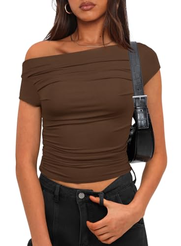 Darong Damen Sommer U-Boot-Ausschnitt Schulterfrei Flügelärmel Slim Fit Top Ausgehen Blusen Y2K Tight Shirts, Kaffee, X-Klein von Darong