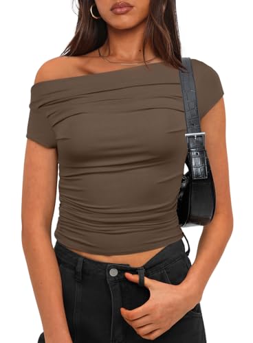 Darong Damen Sommer U-Boot-Ausschnitt Schulterfrei Flügelärmel Slim Fit Top Ausgehen Blusen Y2K Tight Shirts, Khaki, Klein von Darong