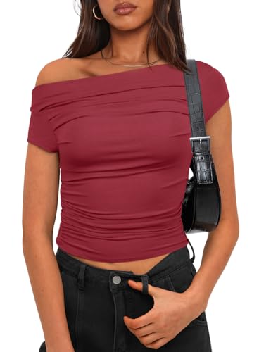 Darong Damen Sommer U-Boot-Ausschnitt Schulterfrei Flügelärmel Slim Fit Top Ausgehen Blusen Y2K Tight Shirts, Ziegelrot, X-Klein von Darong