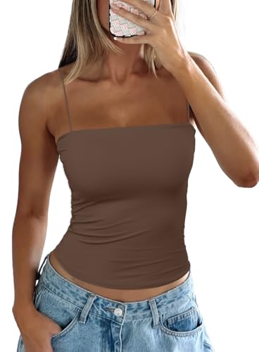 Darong Damen Tank Tops mit integriertem BH Spaghettiträger Crop Tank Top Sommer Y2K Ausgehen Ärmellos Cami Shirt, Kaffee, Groß von Darong