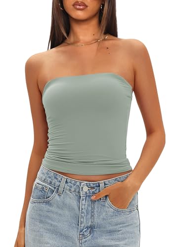 Darong Gepolstertes Damen-Tanktop mit integriertem BH, trägerlos, bauchfreies Bandeau-Top, doppelt gefüttert, Basic zum Ausgehen, Hellgrün, X-Klein Darong Gepolstertes Damen-Tanktop mit integriertem BH, trägerlos, bauchfreies Bandeau-Top, doppelt gefüttert, Basic zum Ausgehen, Hellgrün, X-Klein von Darong