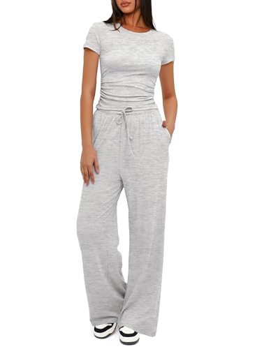 Darong Zweiteiliges Damen-Outfits, Lounge-Set, gerüscht, kurzärmelig, Tops und hohe Taille, weites Bein, Trainingsanzug-Sets, Hellgrau, Medium von Darong