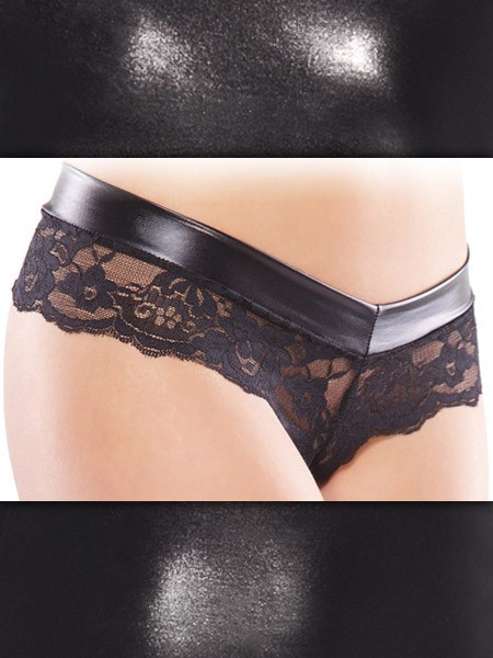 Coquette: Wetlook-Kettenstring mit Spitze, schwarz (One Size) von Darque by Coquette