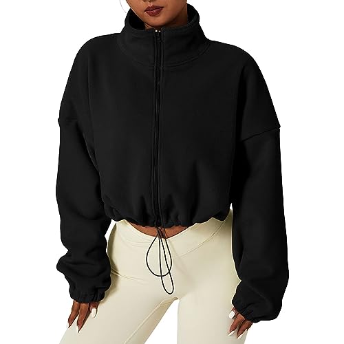 Damen Fleecejacke Full Zip Fleece Kurze Jacke mit durchgehendem Reißverschluss Kurze Jacke Warm Winter Langarm Stehkragen Lange Ärmel Stehkragen Sherpa-Crop-Mantel von Darringls