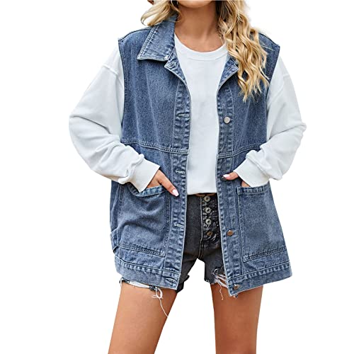 Damen Oversized Denim Weste Ärmellose Kapuze Mid Long Jean Weste Jacken Used-Look Weste Baumwolle Hoodies Damen Oversized Denim Weste Mid Long Jean Weste Ärmellose Jacken Distressed Weste Baumwolle von Darringls