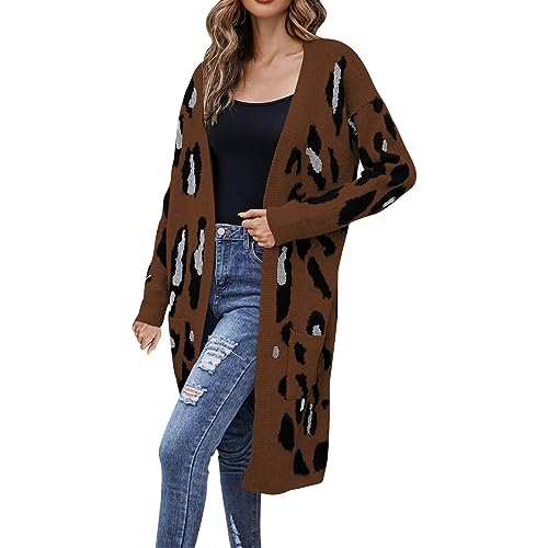 Damen Strickjacke Cardigan Leoparden Casual Strickmantel mit Taschen Langarm Vorne offen Seitentaschen Langarm Strickjacke Sommer Lang Leicht Cardigan von Darringls