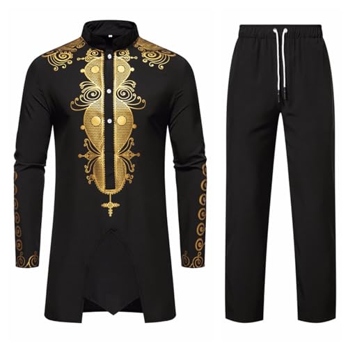 Darringls Afrikanisches Herren-Outfit, Langarm-Dashiki mit goldfarbenem Druck Herrenanzüge Goldstickerei Hemd und Hose Set Outfits Traditioneller Tribal Kleidung von Darringls