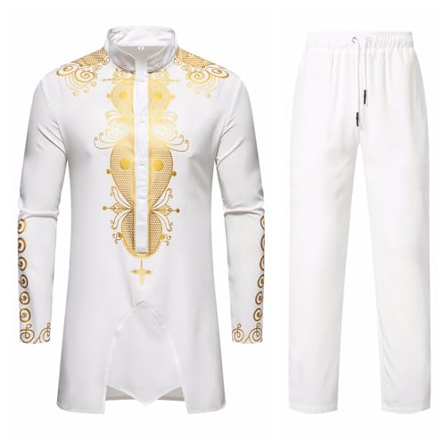 Darringls Afrikanisches Herren-Outfit, Langarm-Dashiki mit goldfarbenem Druck Herrenanzüge Goldstickerei Hemd und Hose Set Outfits Traditioneller Tribal Kleidung von Darringls
