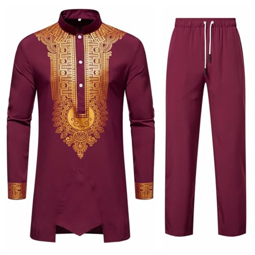 Darringls Afrikanisches Herren-Outfit, Langarm-Dashiki mit goldfarbenem Druck Herrenanzüge Goldstickerei Hemd und Hose Set Outfits Traditioneller Tribal Kleidung von Darringls
