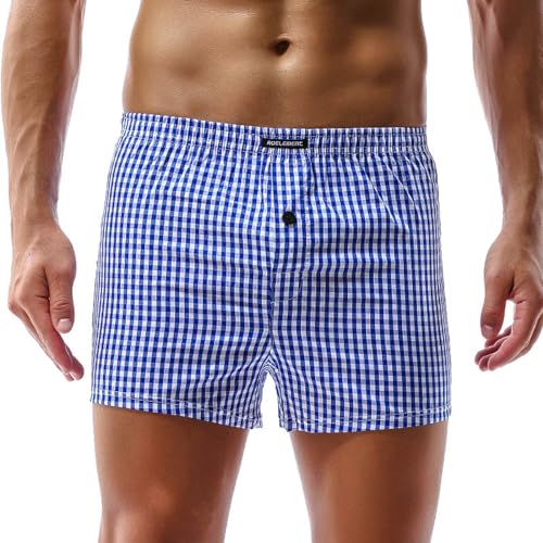Darringls Boxershorts American Style für Herren Baumwolle Unterhosen Männer Unterhosen Kariert Blau klassisch Jungen Unterwäsche weit Kariert Blau von Darringls