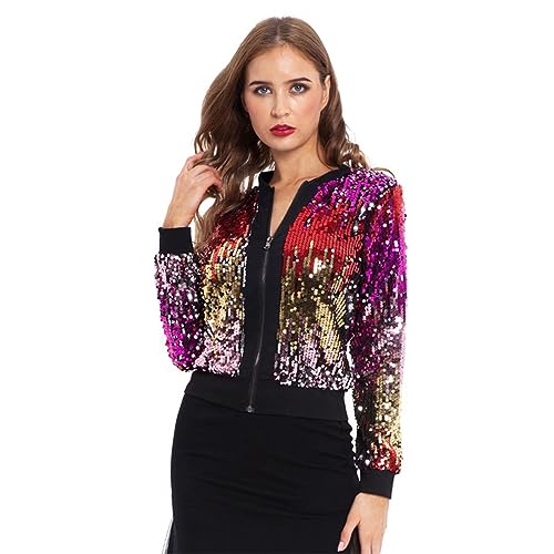 Darringls Damen Glitzer Pailletten Jacke Hiphop Langarm Bomberjacke Fliegenjacke Bikerjacke Outwear Fasching Disco Nachclub Gogo Hip Hop Streetdance Oberteil Karneval Metallische Kostüm von Darringls
