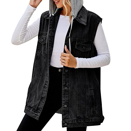 Darringls Damen Oversized Denim Weste Ärmellose Kapuze Mid Long Distressed Weste Baumwolle Jean Weste Jacken Used-Look Weste Baumwolle Hoodies Damen Oversized Denim Weste Ärmellose Jacken von Darringls