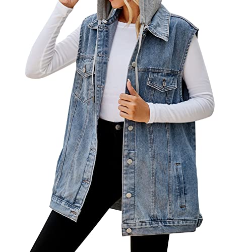Darringls Damen Oversized Denim Weste Ärmellose Kapuze Mid Long Distressed Weste Baumwolle Jean Weste Jacken Used-Look Weste Baumwolle Hoodies Damen Oversized Denim Weste Ärmellose Jacken von Darringls