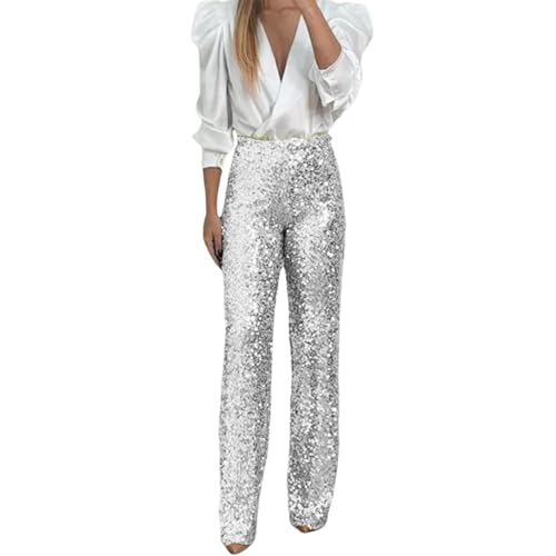 Darringls Festival Outfit Damen Glitzer Für Damen Glitzer Pailletten Yoga Hosen Weites Bein Pailettenhose Silberne Metallisch Glänzende Hose Vorne Mit Pailletten Funkelnde Hose von Darringls