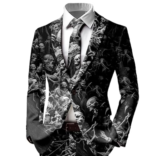 Darringls Halloween Sakko Herren Totenkopf Aufdruck Tuxedo Formell Anzug 1 Knopf Smoking Horror Regular Fit Party Jacke Normaler Schnitt Festival Outfit Langarm Herrenanzug von Darringls