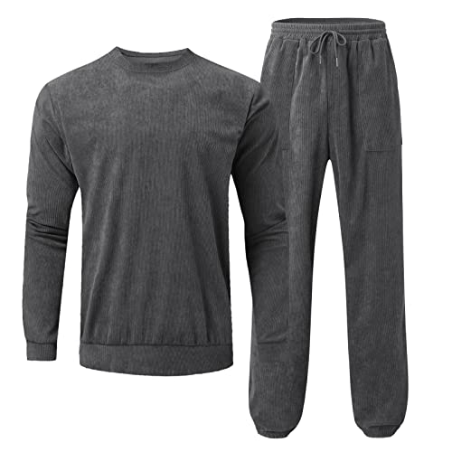 Darringls Herren Freizeitanzug Cord Hausanzug Jogginganzug Sportanzug Herbst & Winter Einfarbig 2-teilig Zweiteiliges Langramhemd Kordelzugtasche Hose Set Weich Warm Loungewear von Darringls