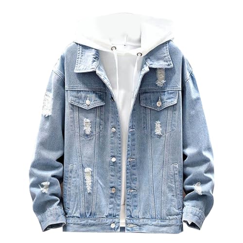 Darringls Herren Jeansjacke Blau Übergangsjacke Sweatjacke Mit Kapuze Denim Hoodies Jacket Vintage Denim Bikerjacke Mit Kapuze Teenager Jungen Hoodie Oversize Destroyed Jacke Winter Herbst Outwear von Darringls