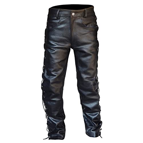 Darringls Herren Lederhose Punk Retro Goth Hosen Slim Fit Soft Faux Leder Biker Hose Schwarz PU Motorradhose Slim Fit Winddicht und Wasserdicht Kunstleder-Hose Elastisch Trachtenlederhose von Darringls