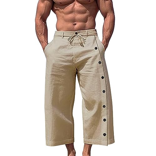 Darringls Herren Leinenhose Sommer Straight Neun Hosen Knopfleiste Kurz Leinen Trainingshose Zum Öffnen Jogginghose mit Seitlicher Casual Haremshose Hohe Taillen Yogahose für Vatertag von Darringls
