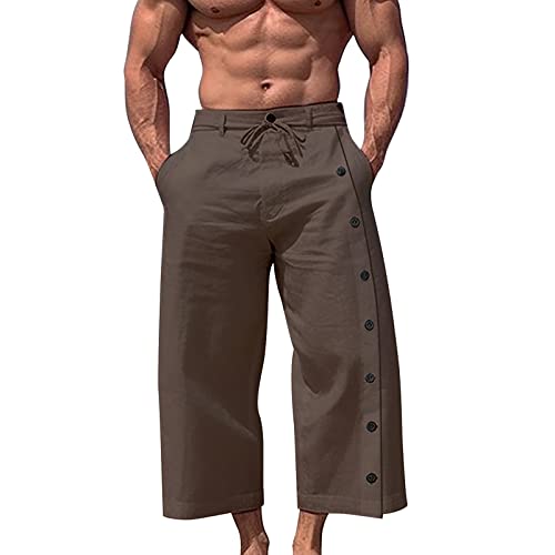 Darringls Herren Leinenhose Sommer Straight Neun Hosen Knopfleiste Kurz Leinen Trainingshose Zum Öffnen Jogginghose mit Seitlicher Casual Haremshose Hohe Taillen Yogahose für Vatertag von Darringls