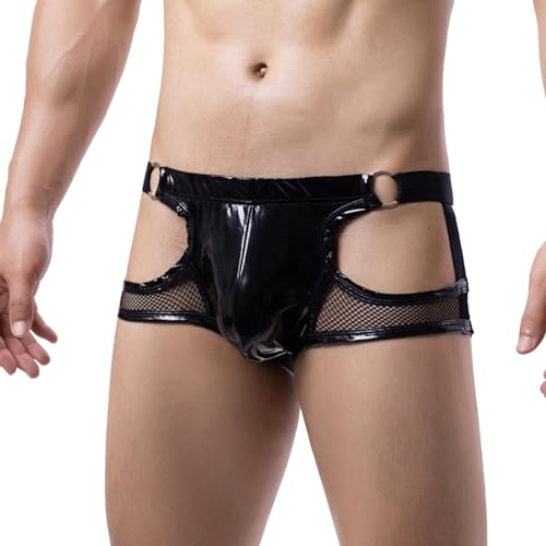 Darringls Herren Ouvert Slip Jockstrap Wetlook String Tanga Sexy Männer Lack Leder Unterwäsche Boxershorts Badehose Clubwear Boxer Brief Pants mit Ring Unterwäsche Höschen Thongs von Darringls