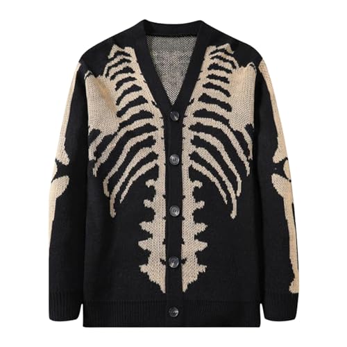 Darringls Herren Skelett Geist Wollpullover Oversized Strickpullover Top Oversize Strickpullover Totenkopf Gestrickt Sweatshirt V-Ausschnitt Cardigan Y2K Vintage Strickjacke von Darringls