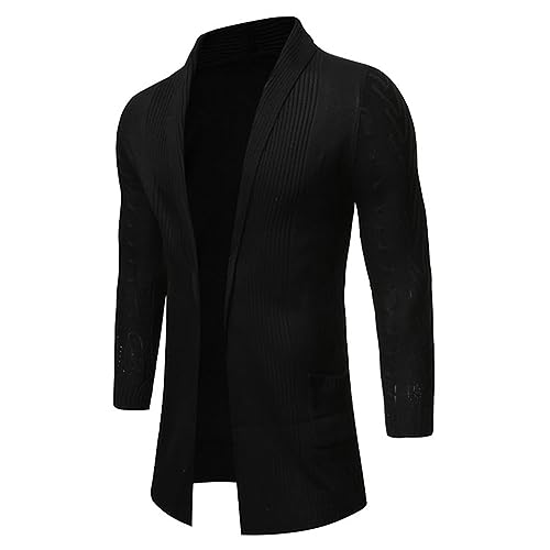 Darringls Herren Stickjacke Mittellange Jacke Feinstrick Sakko Long Cut Cardigan Sweat-Jacke Herren Strickjacke Lang Slim Fit Baumwolle-Anteil Modernes Hoodie-Cardigan Langarm Männer Schwarze von Darringls